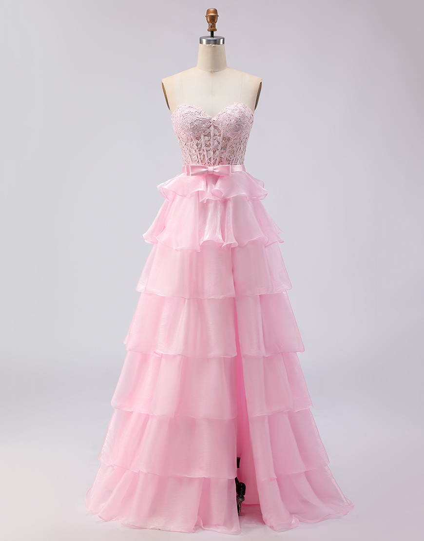 Pink Ruffled Sweetheart A Line Long Corset Prom Dress with Slit