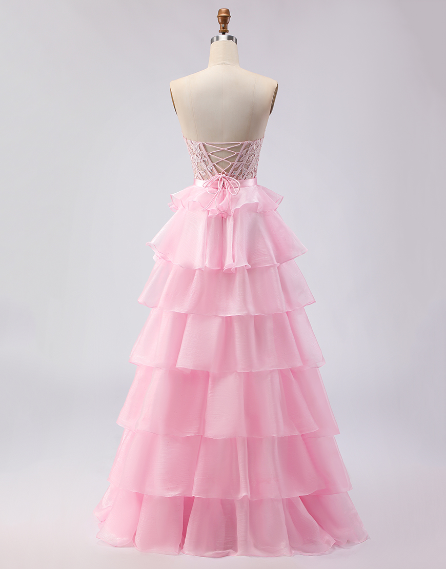 Pink Ruffled Sweetheart A Line Long Corset Prom Dress with Slit