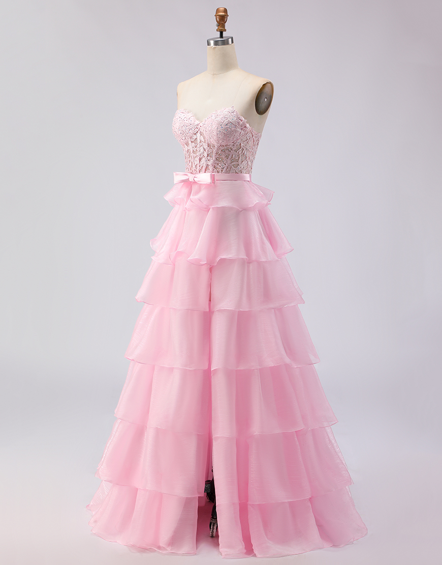 Pink Ruffled Sweetheart A Line Long Corset Prom Dress with Slit