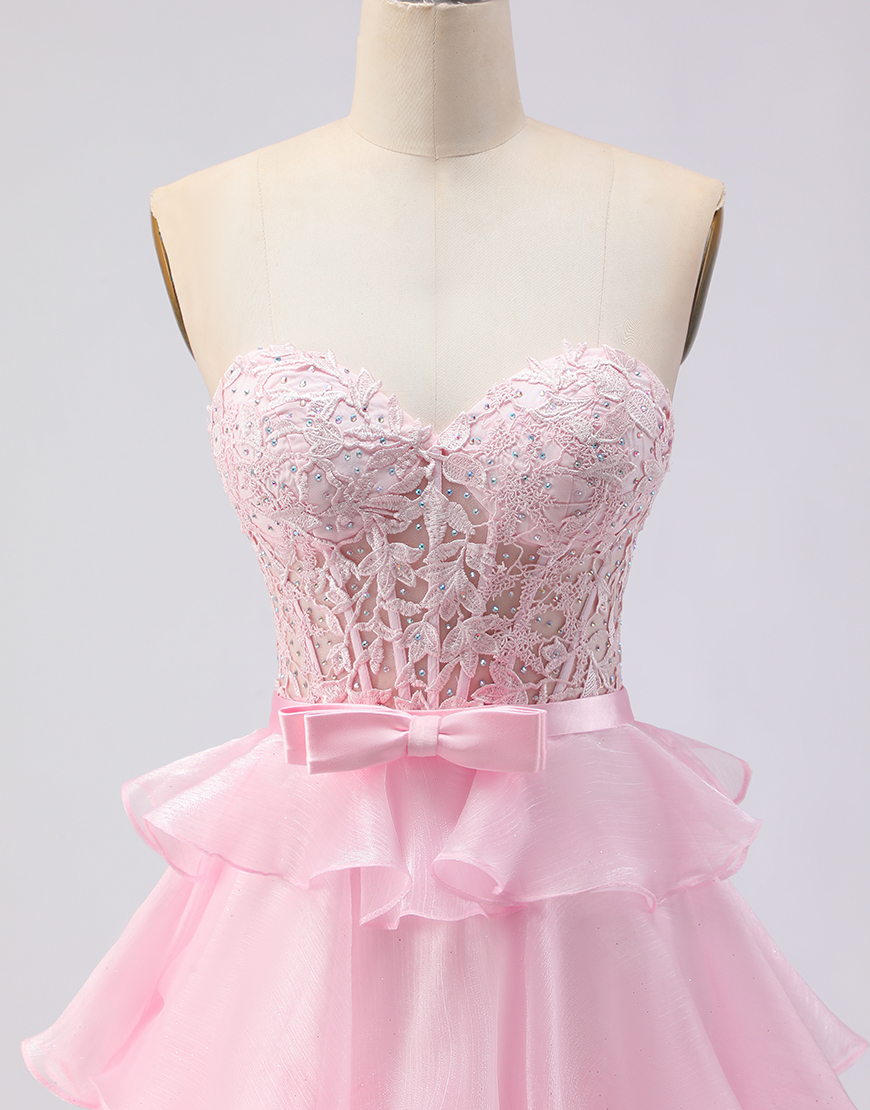 Pink Ruffled Sweetheart A Line Long Corset Prom Dress with Slit