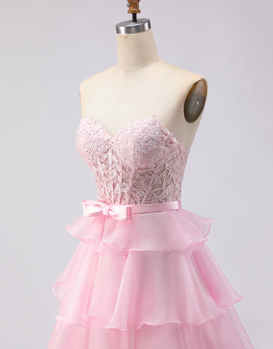 Pink Ruffled Sweetheart A Line Long Corset Prom Dress with Slit
