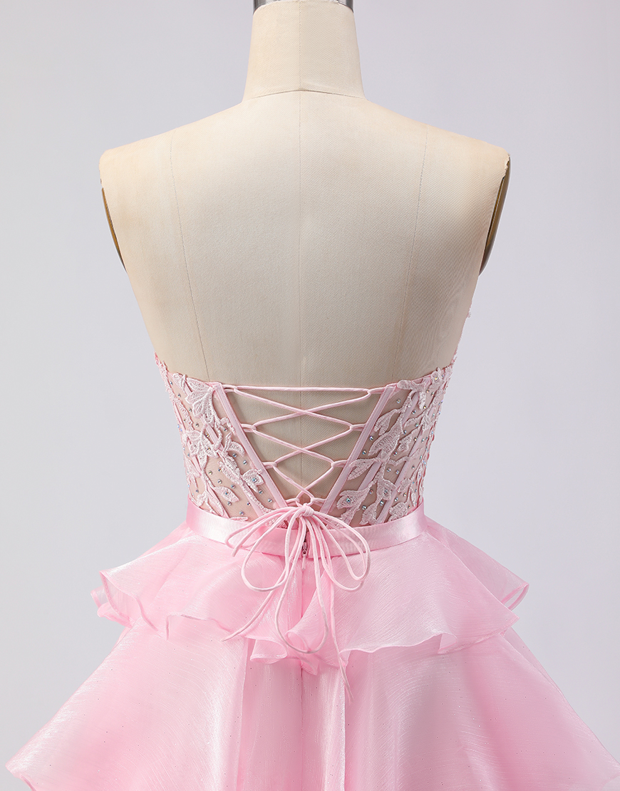 Pink Ruffled Sweetheart A Line Long Corset Prom Dress with Slit