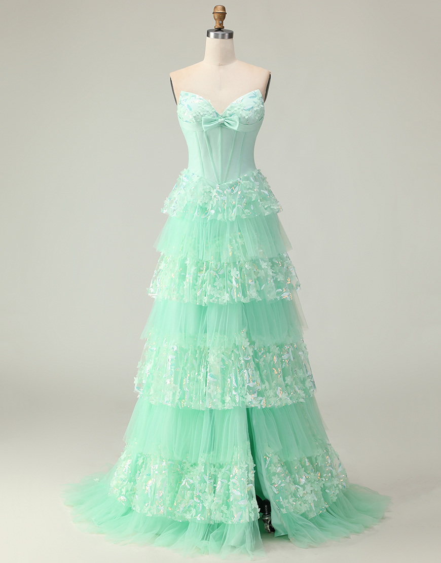 Green Strapless Corset Long Ruffled Prom Dress with Bow