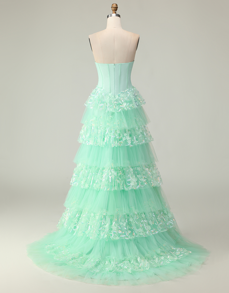 Green Strapless Corset Long Ruffled Prom Dress with Bow