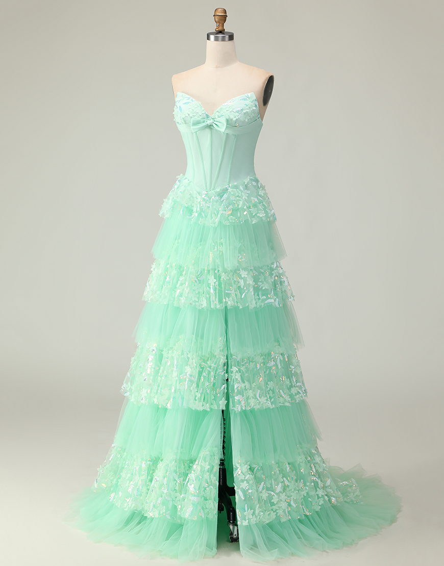 Green Strapless Corset Long Ruffled Prom Dress with Bow