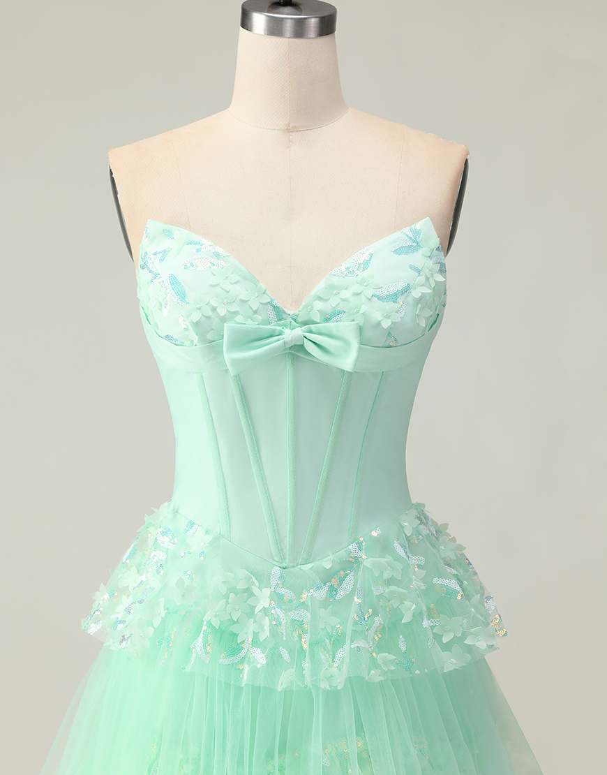Green Strapless Corset Long Ruffled Prom Dress with Bow