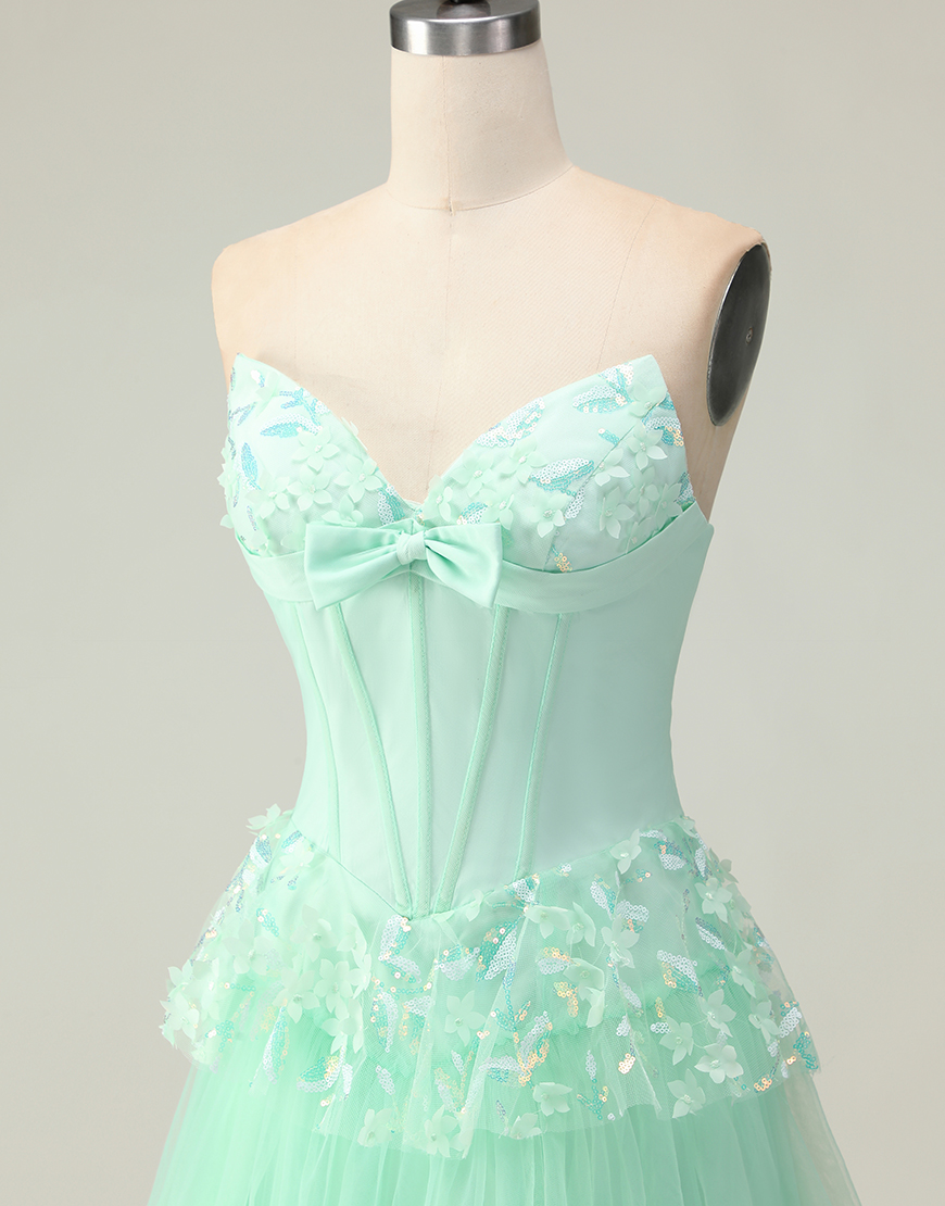 Green Strapless Corset Long Ruffled Prom Dress with Bow
