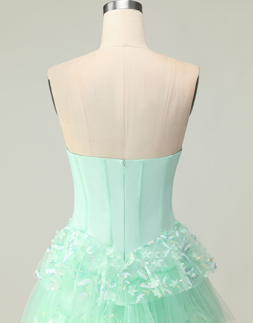 Green Strapless Corset Long Ruffled Prom Dress with Bow
