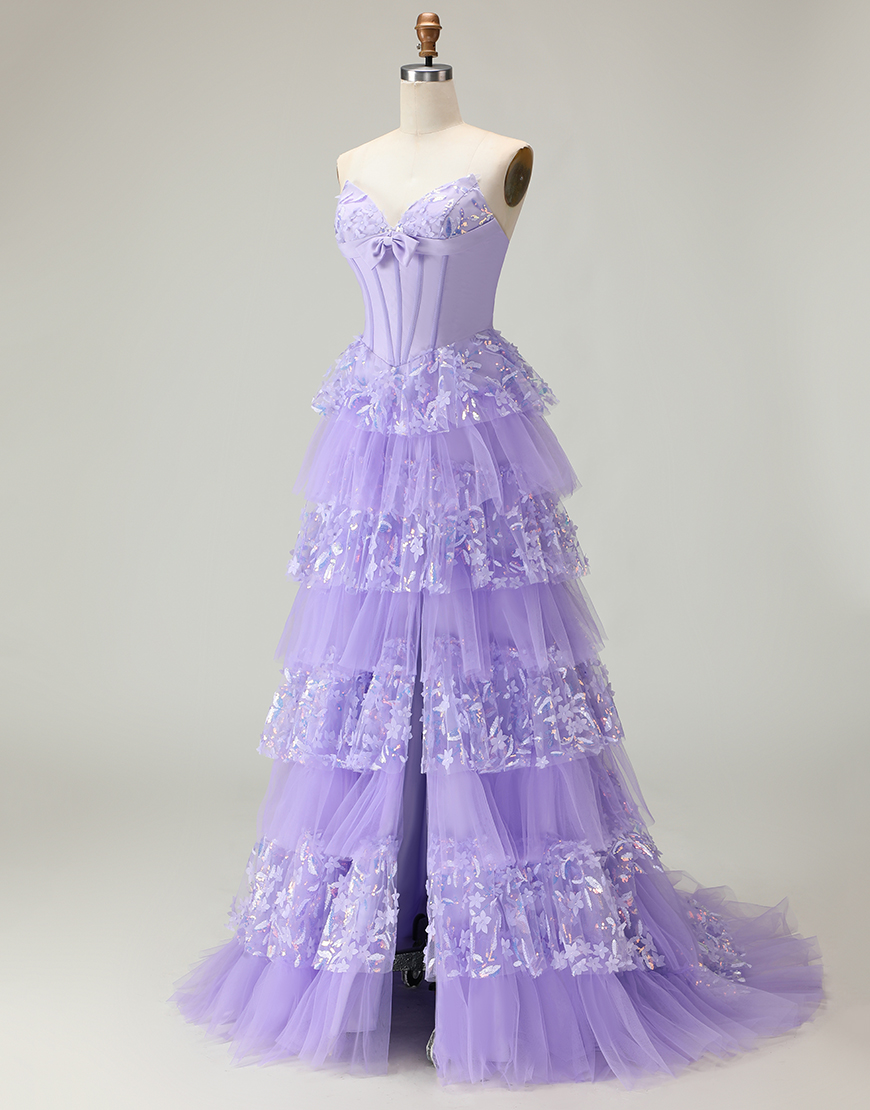 Sparkly Purple A Line Strapless Corset Long Prom Dress with Butterflies