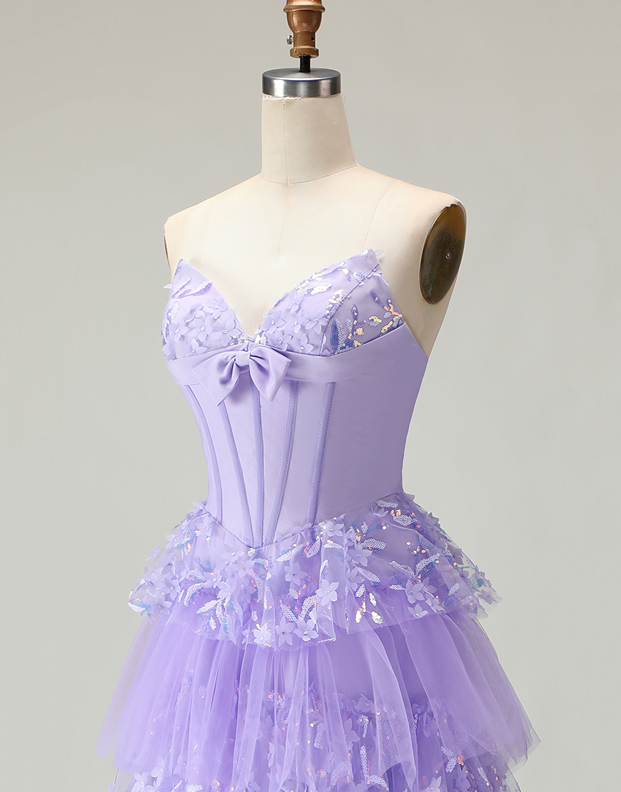 Sparkly Purple A Line Strapless Corset Long Prom Dress with Butterflies