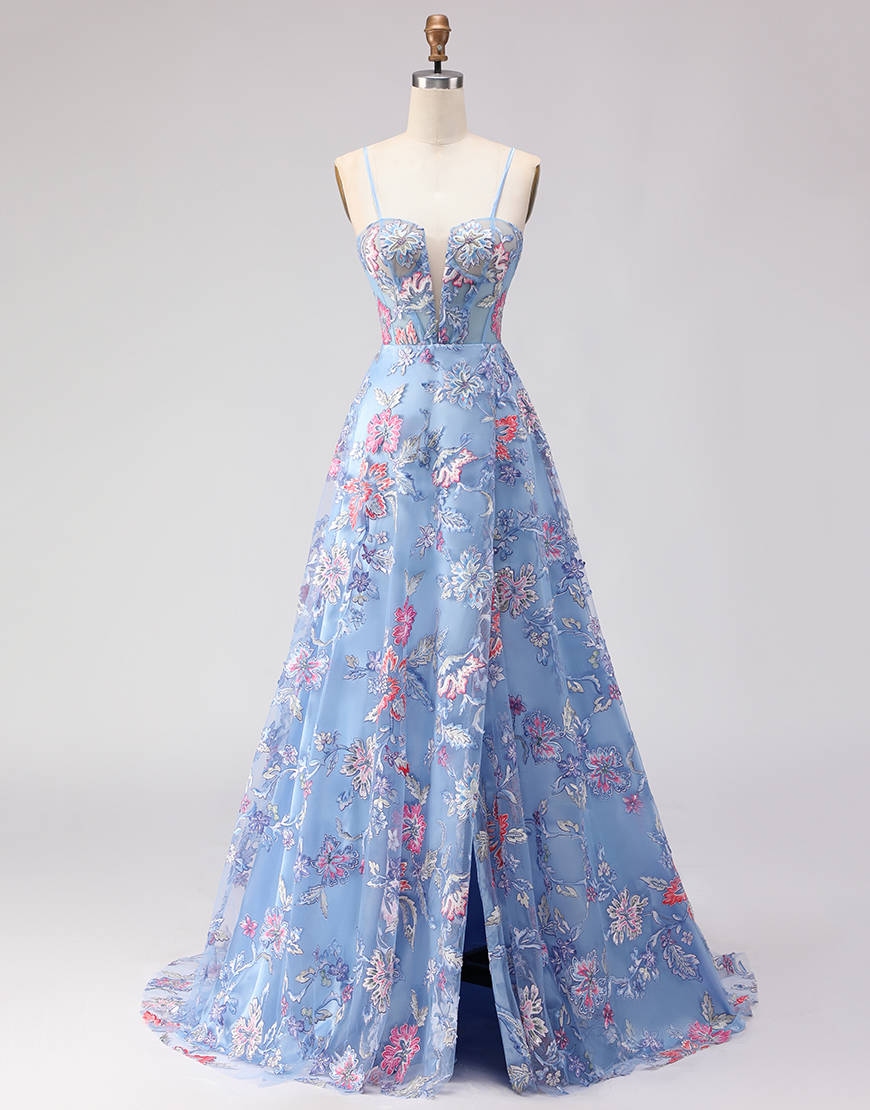 Blue Spaghetti Straps Floral Long Corset Prom Dress with Slit