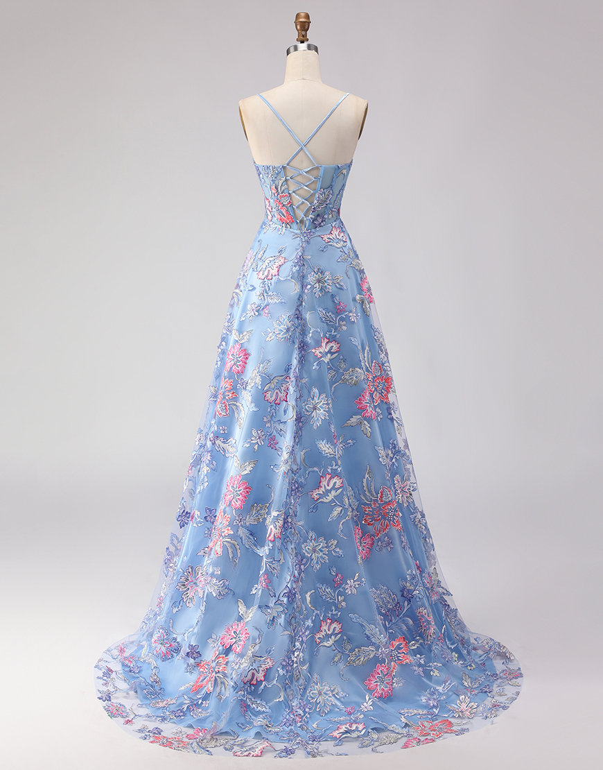 Blue Spaghetti Straps Floral Long Corset Prom Dress with Slit