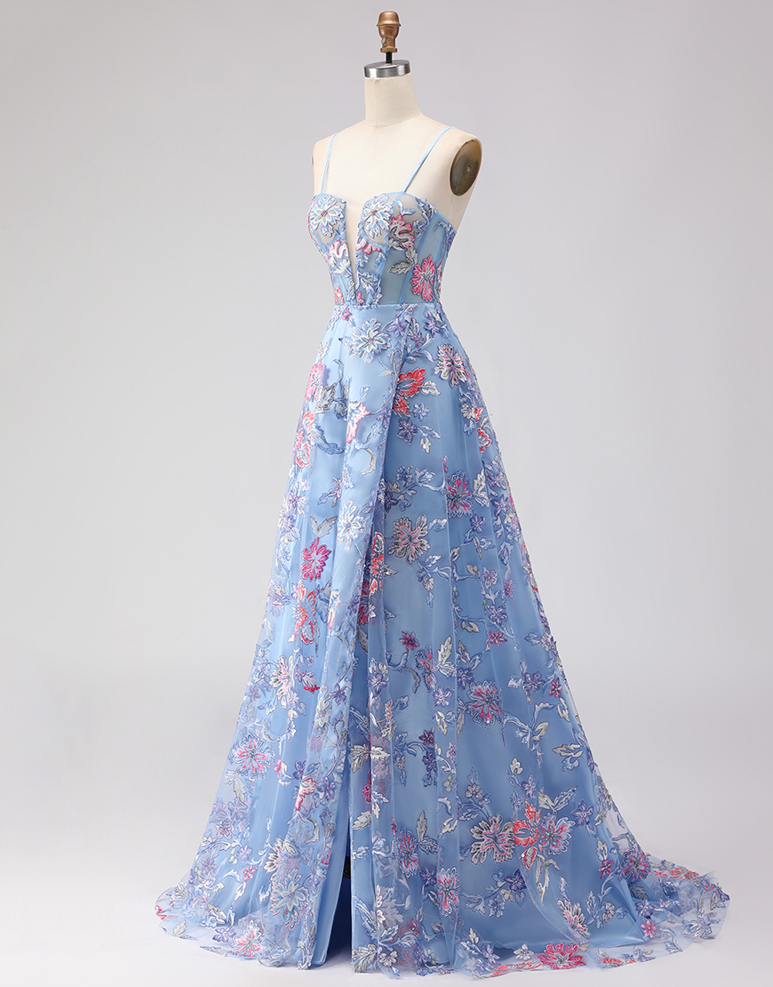 Blue Spaghetti Straps Floral Long Corset Prom Dress with Slit
