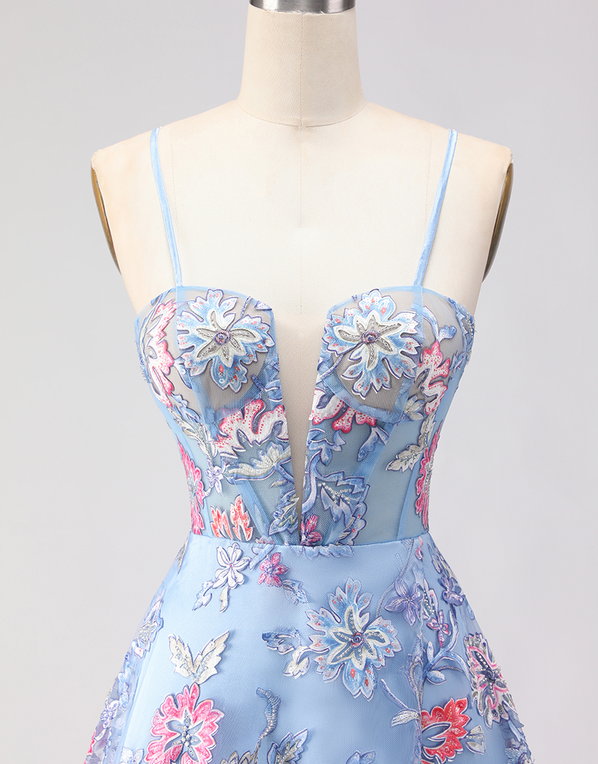 Blue Spaghetti Straps Floral Long Corset Prom Dress with Slit