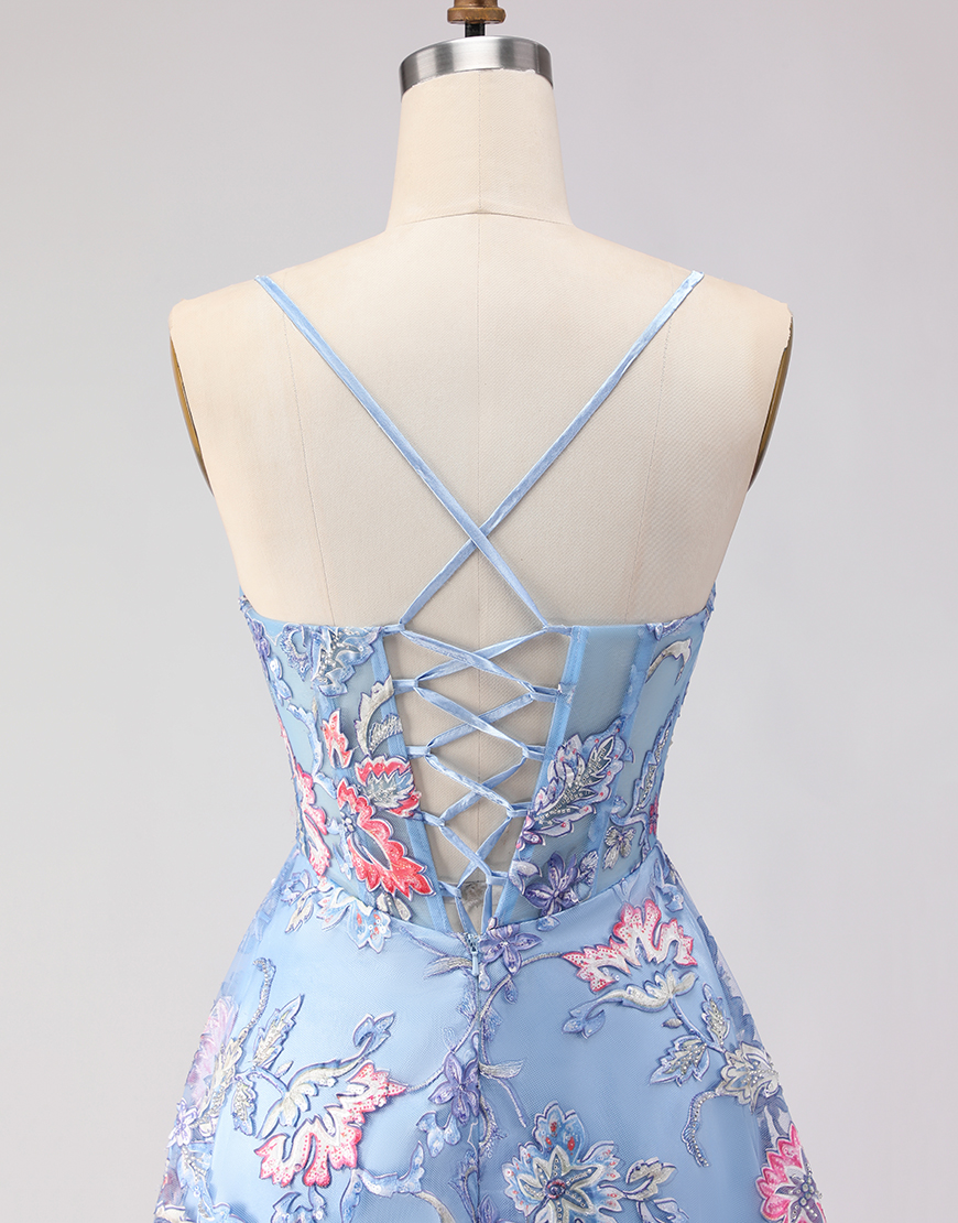 Blue Spaghetti Straps Floral Long Corset Prom Dress with Slit