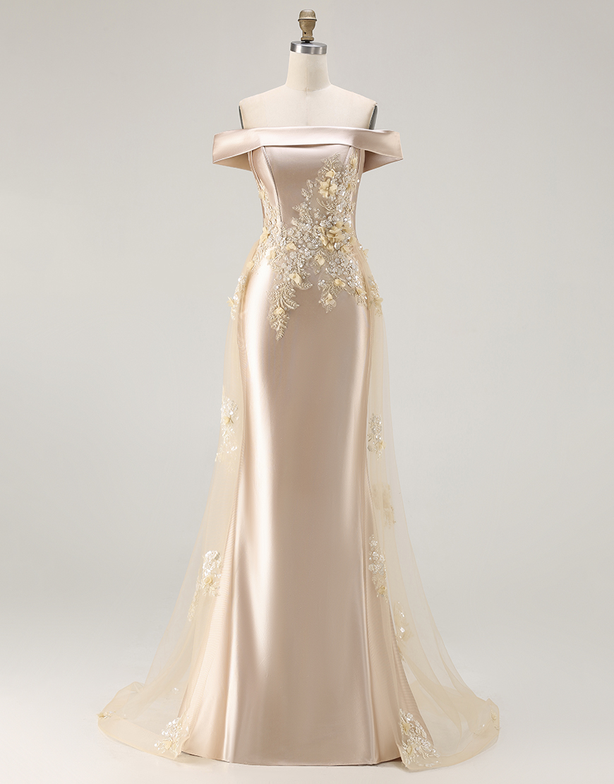 Champagne Off the Shoulder Mermaid Long Prom Dress with Appliques