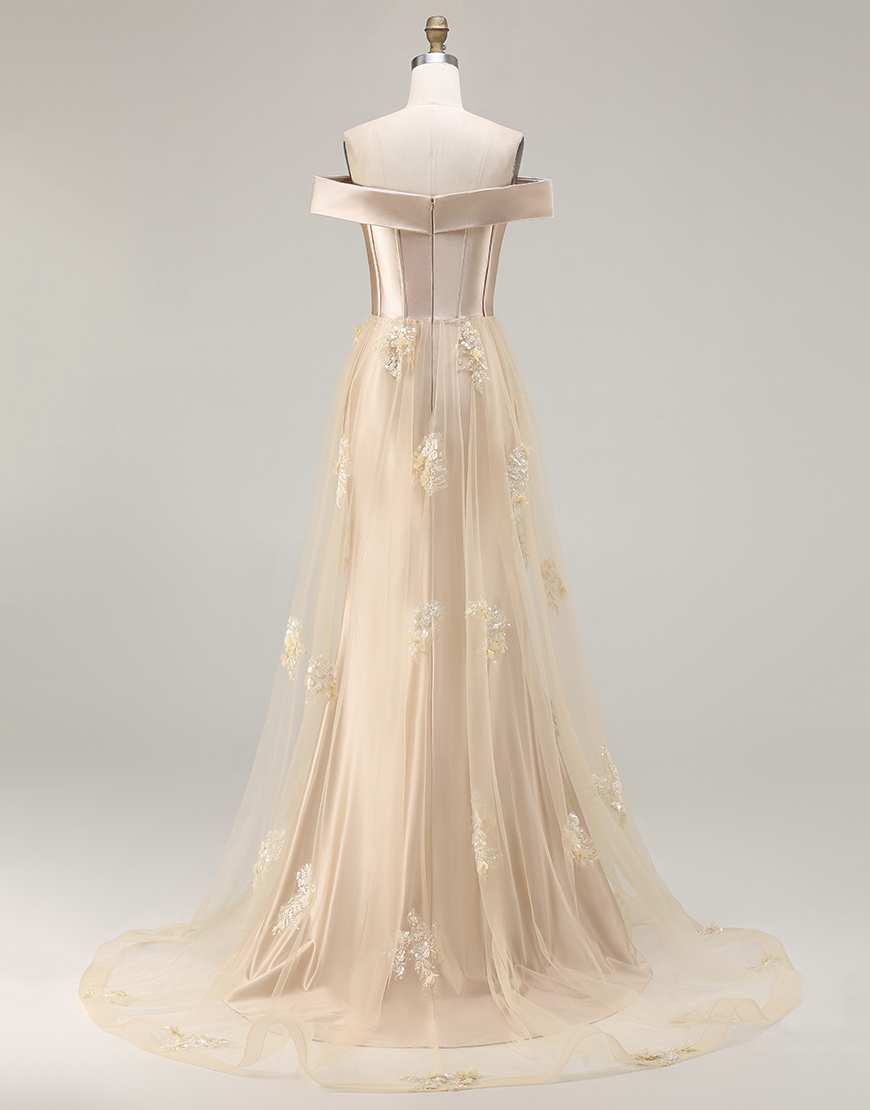 Champagne Off the Shoulder Mermaid Long Prom Dress with Appliques