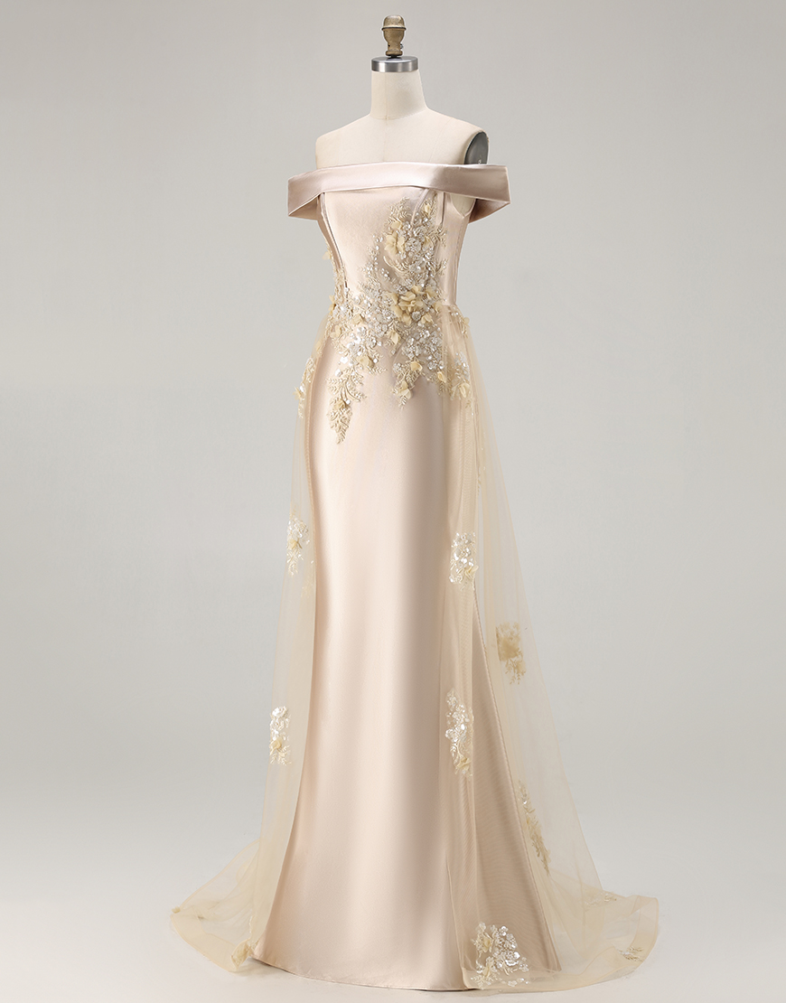 Champagne Off the Shoulder Mermaid Long Prom Dress with Appliques