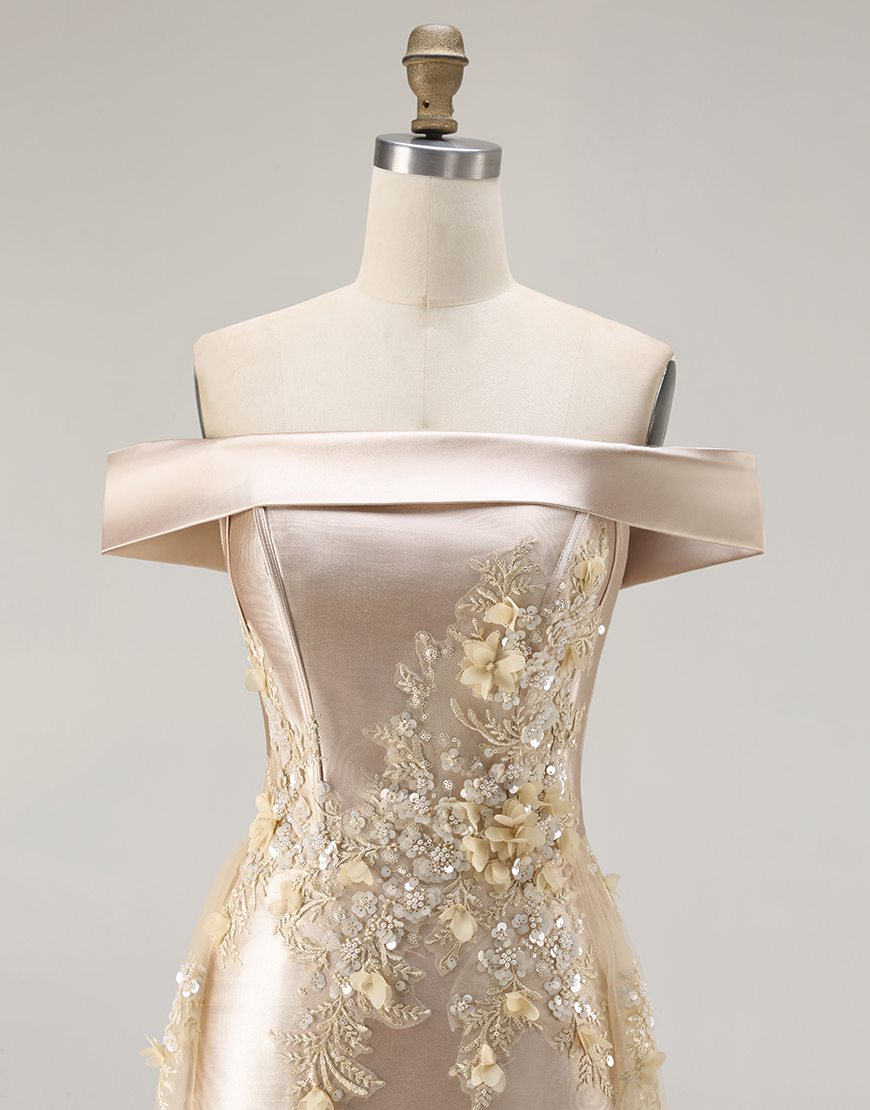 Champagne Off the Shoulder Mermaid Long Prom Dress with Appliques