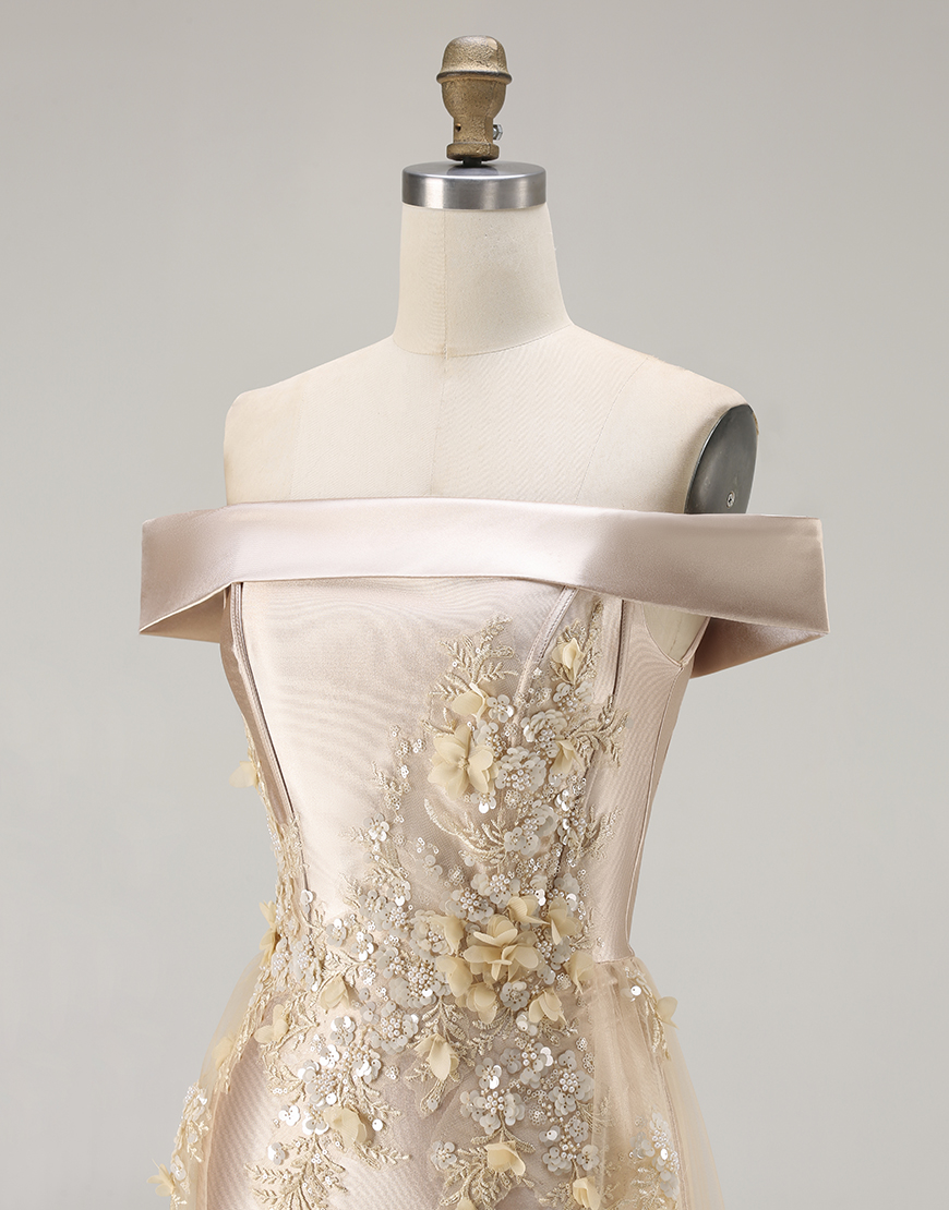 Champagne Off the Shoulder Mermaid Long Prom Dress with Appliques