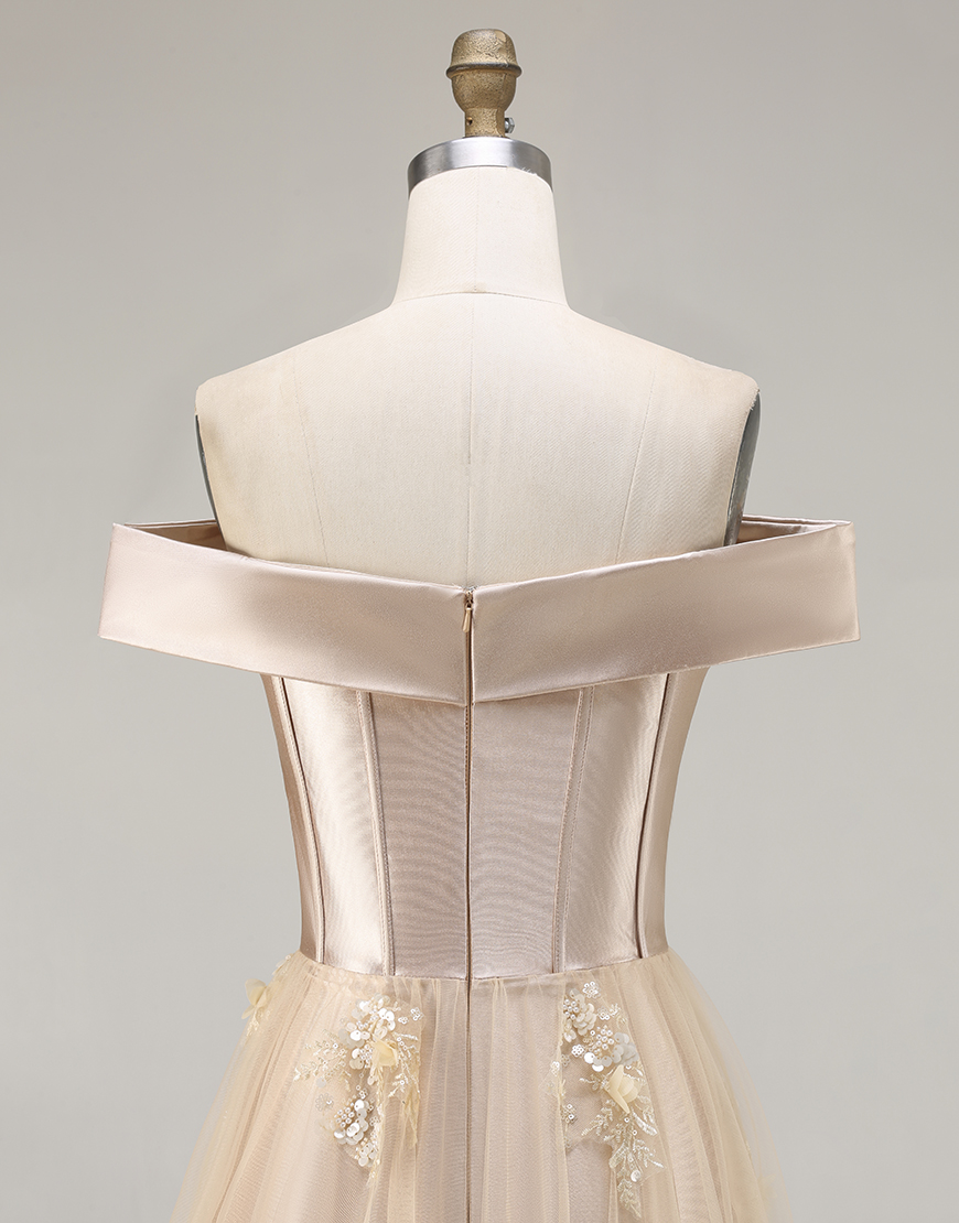 Champagne Off the Shoulder Mermaid Long Prom Dress with Appliques