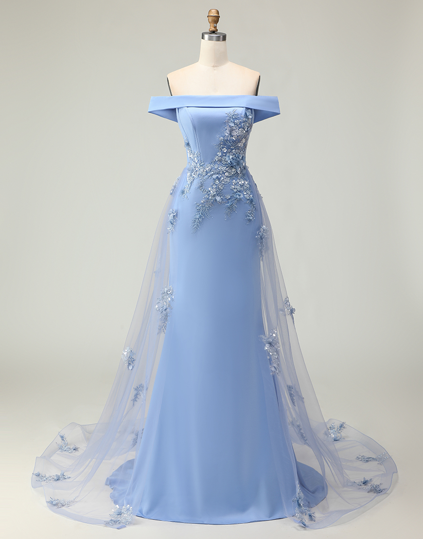 Grey Blue Mermaid Off the Shoulder Long Prom Dress