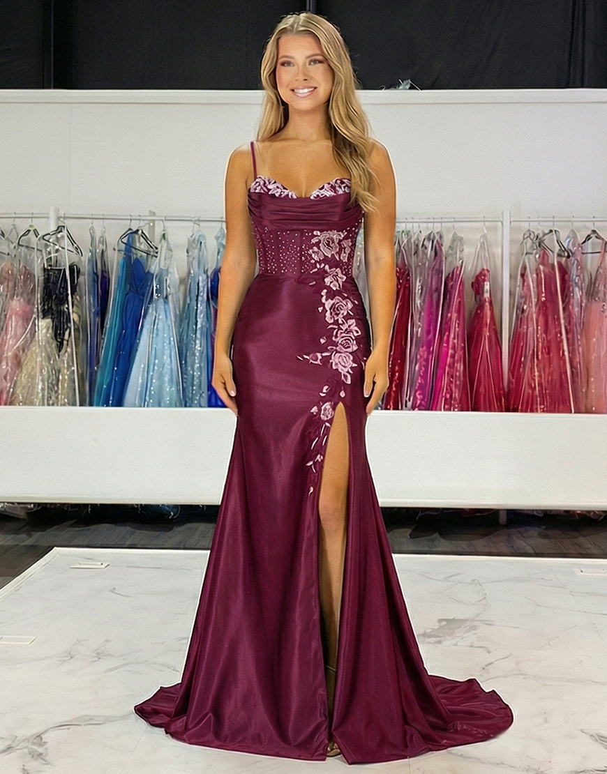 Sparkly Burgundy Floral Satin Beaded Mermaid Corset Long Prom Dress with Slit