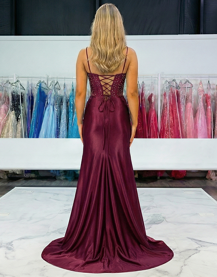 Sparkly Burgundy Floral Satin Beaded Mermaid Corset Long Prom Dress with Slit