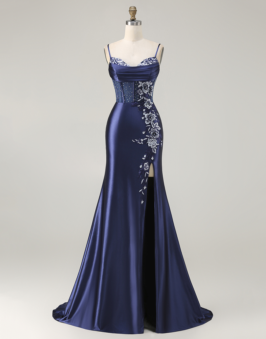 Navy Corset Mermaid Appliqued Satin Long Prom Dress with Slit