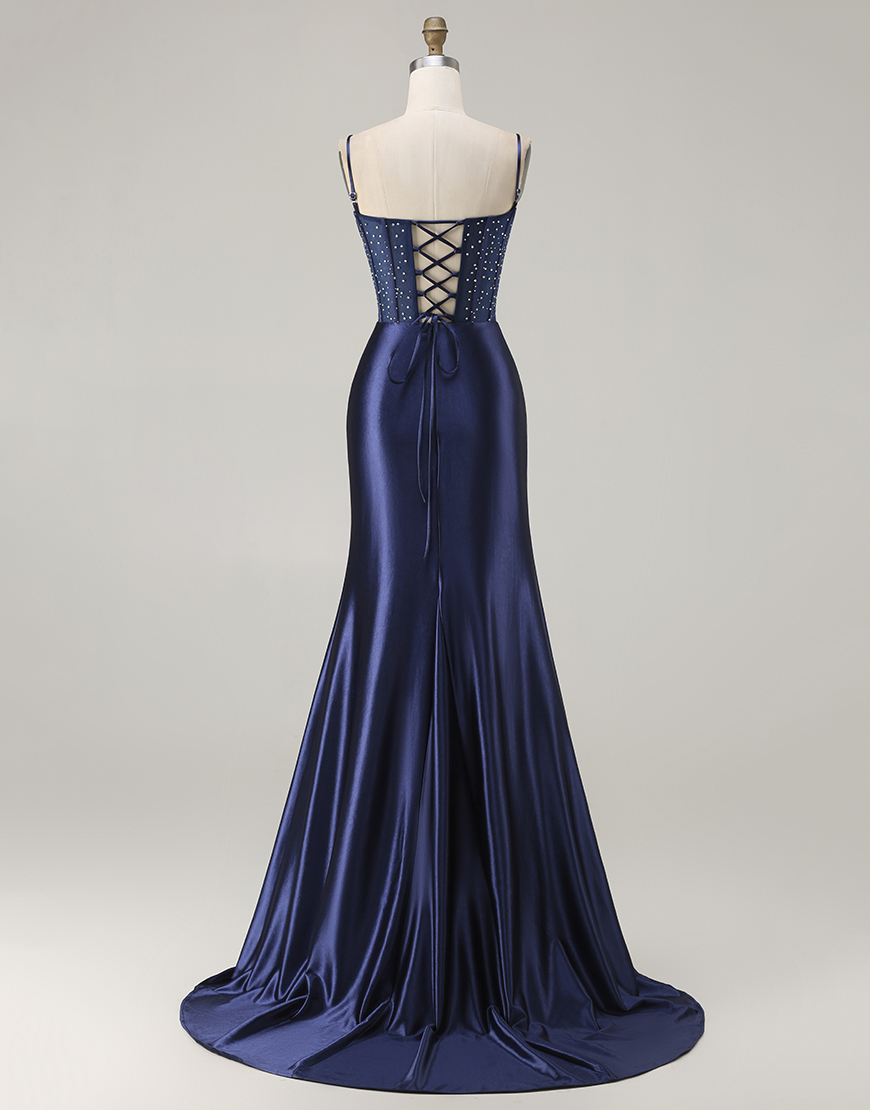Navy Corset Mermaid Appliqued Satin Long Prom Dress with Slit