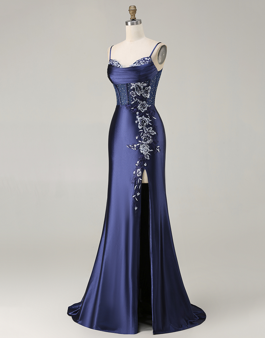Navy Corset Mermaid Appliqued Satin Long Prom Dress with Slit