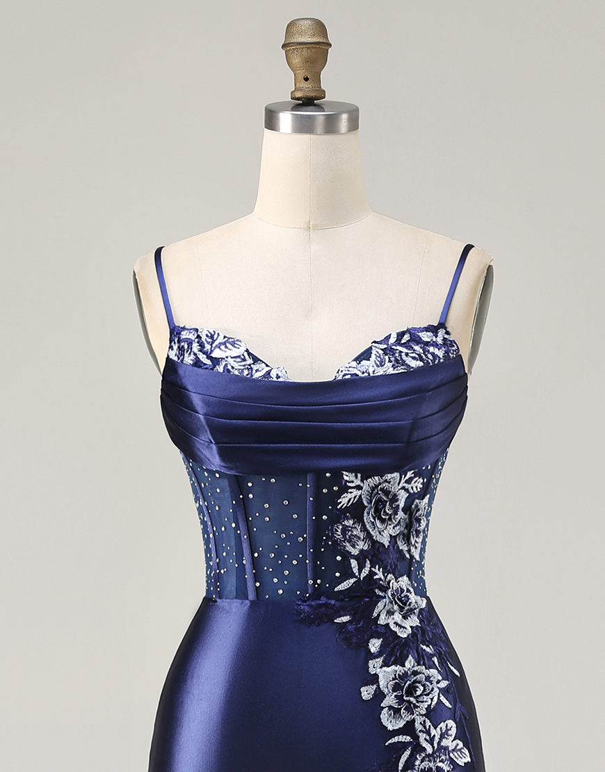 Navy Corset Mermaid Appliqued Satin Long Prom Dress with Slit