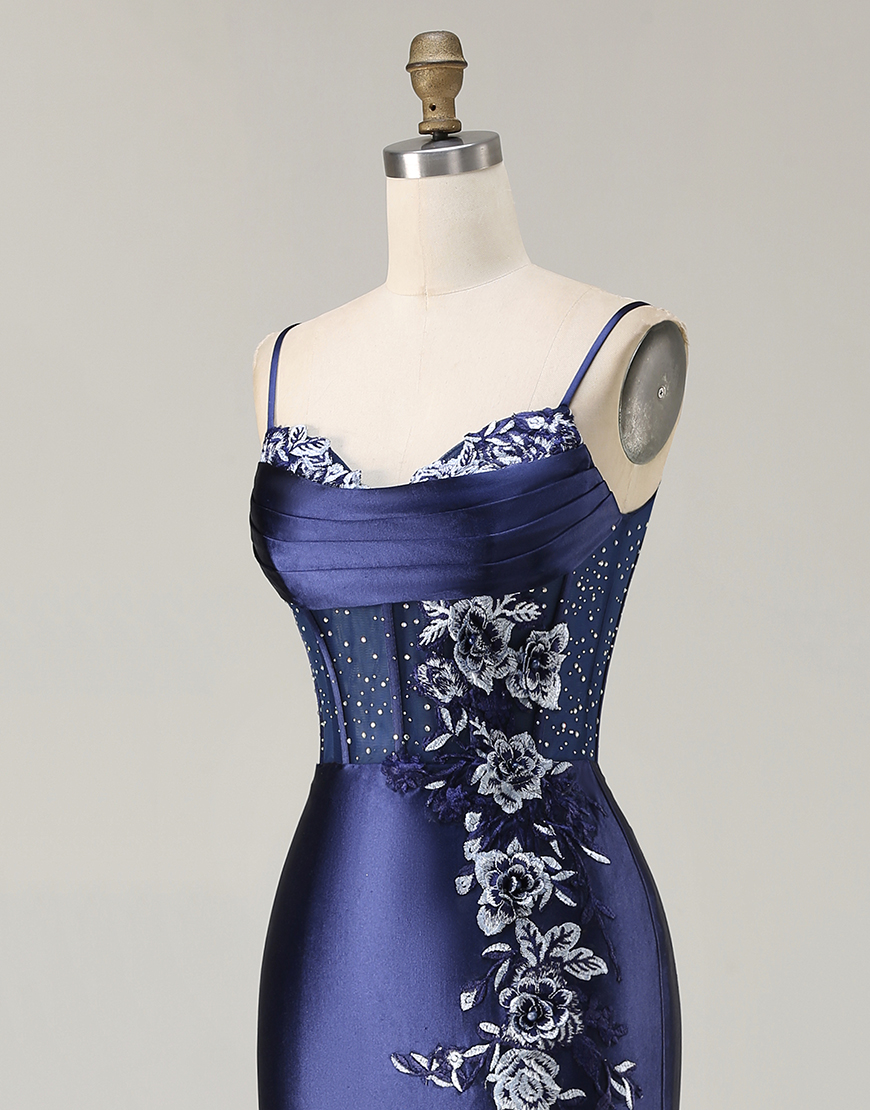 Navy Corset Mermaid Appliqued Satin Long Prom Dress with Slit