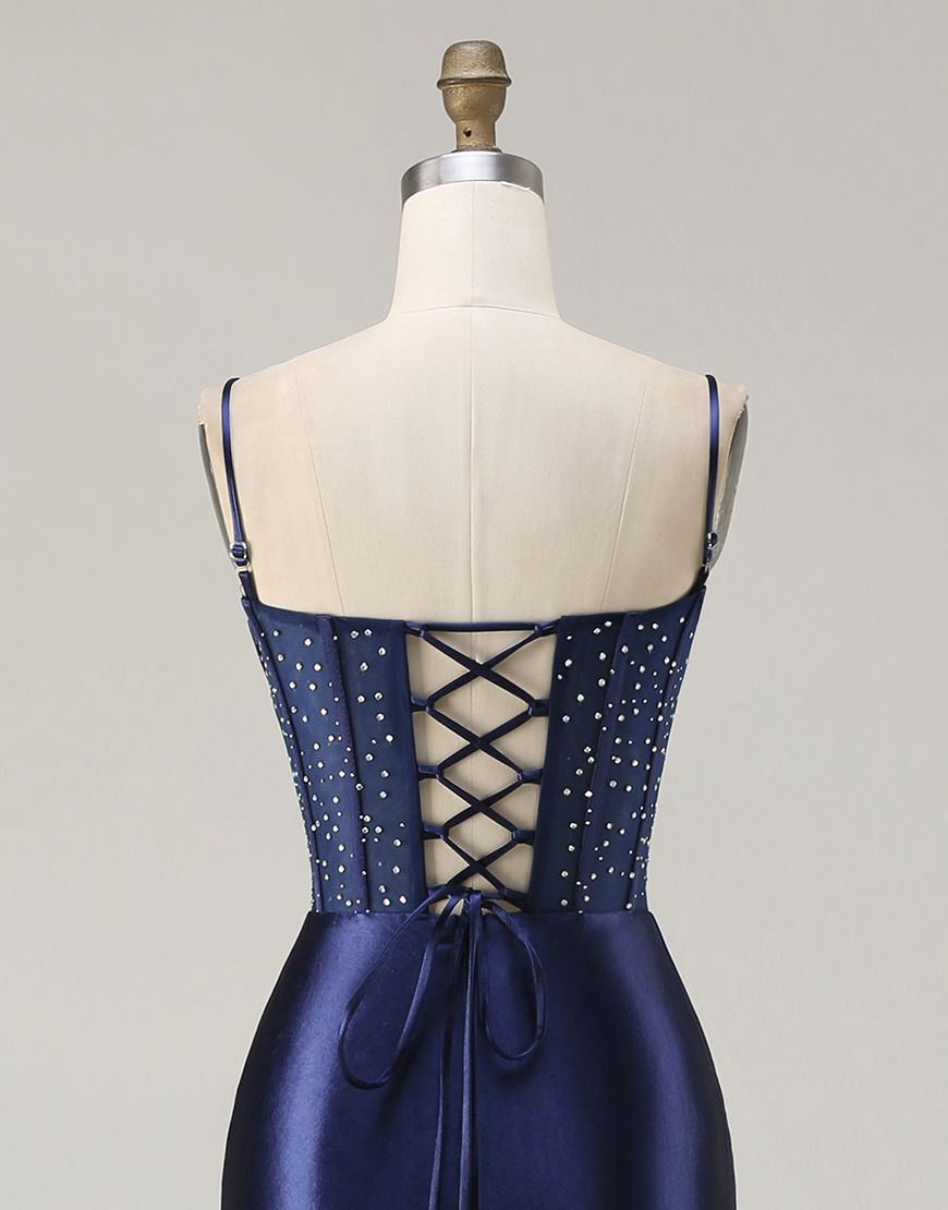 Navy Corset Mermaid Appliqued Satin Long Prom Dress with Slit