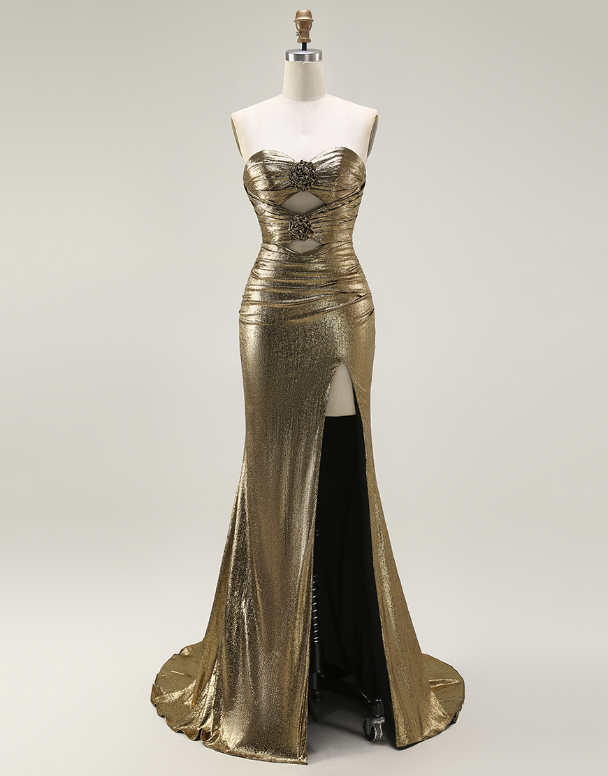 Sparkly Dark Golden Mermaid Strapless Long Prom Dress with Keyhole