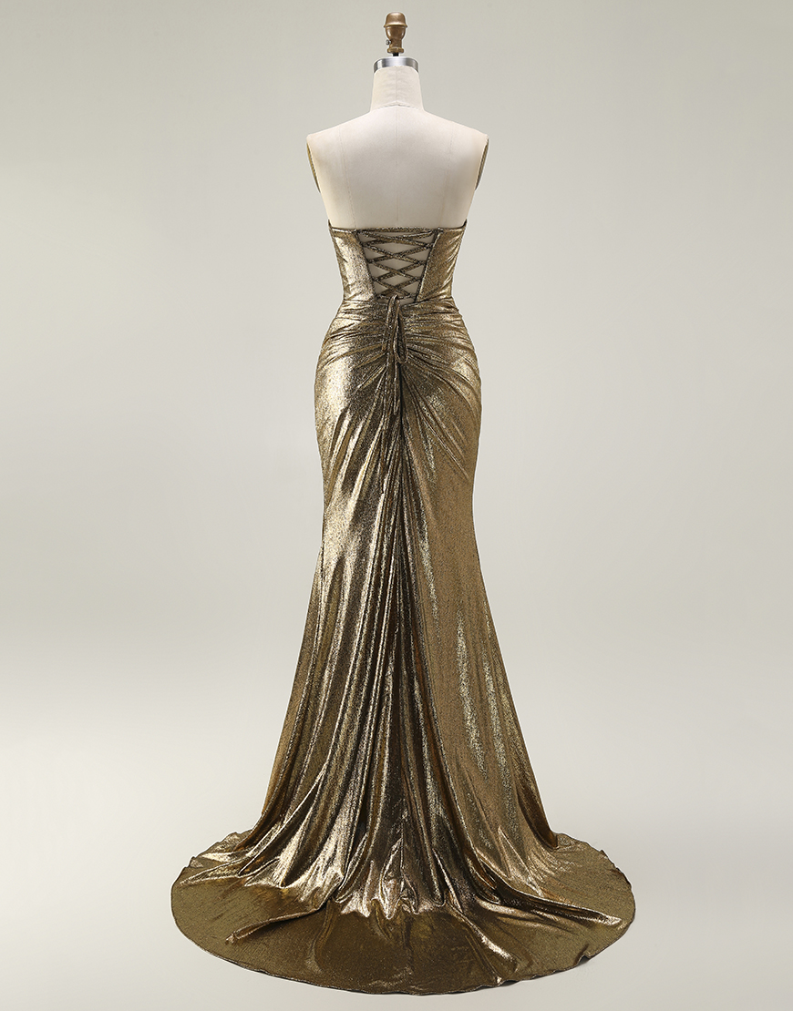 Sparkly Dark Golden Mermaid Strapless Long Prom Dress with Keyhole