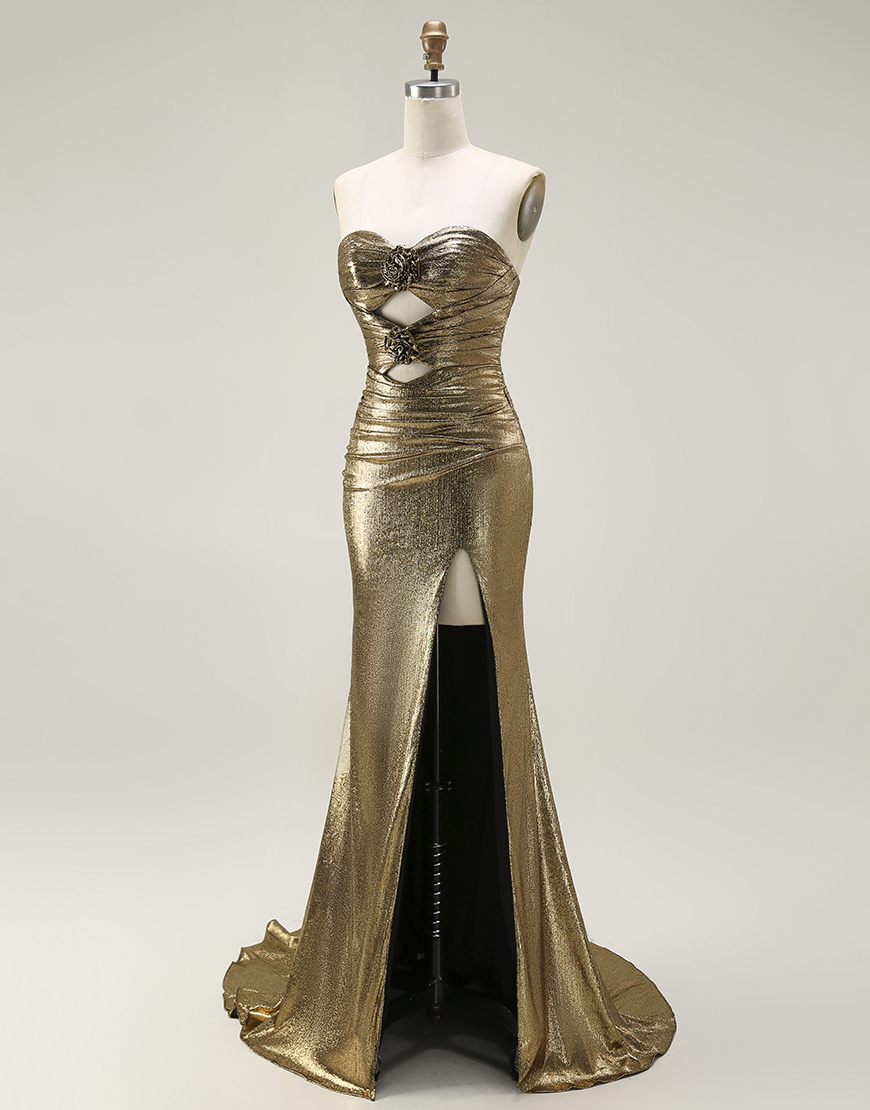 Sparkly Dark Golden Mermaid Strapless Long Prom Dress with Keyhole