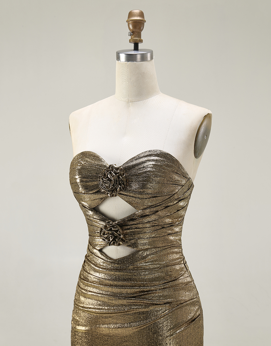 Sparkly Dark Golden Mermaid Strapless Long Prom Dress with Keyhole