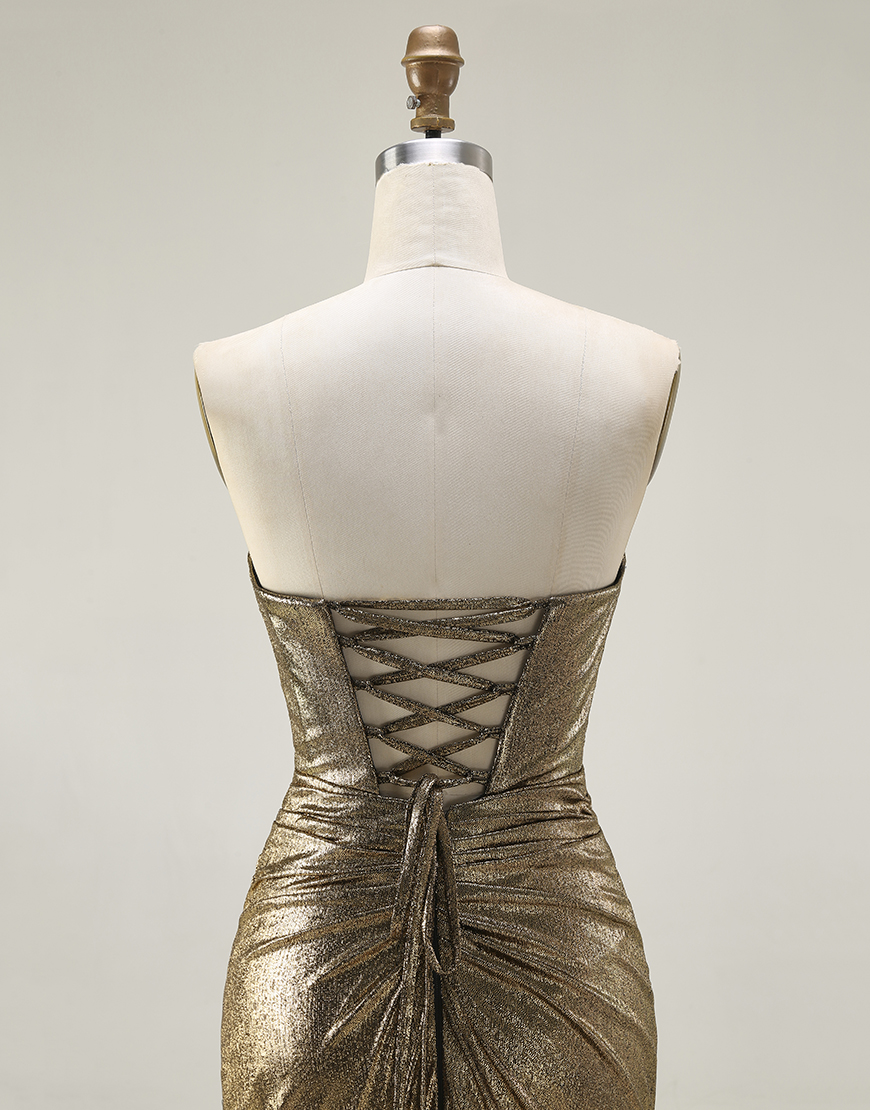 Sparkly Dark Golden Mermaid Strapless Long Prom Dress with Keyhole