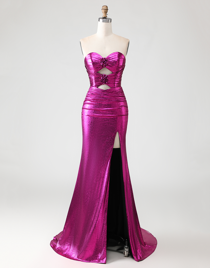 Fuchsia Metallic Mermaid Long Prom Dress with 3D Flowers