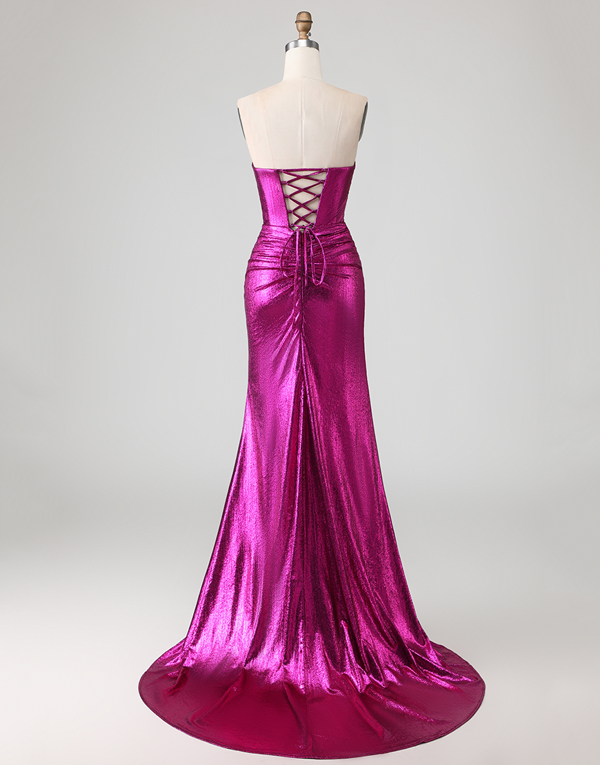 Fuchsia Metallic Mermaid Long Prom Dress with 3D Flowers