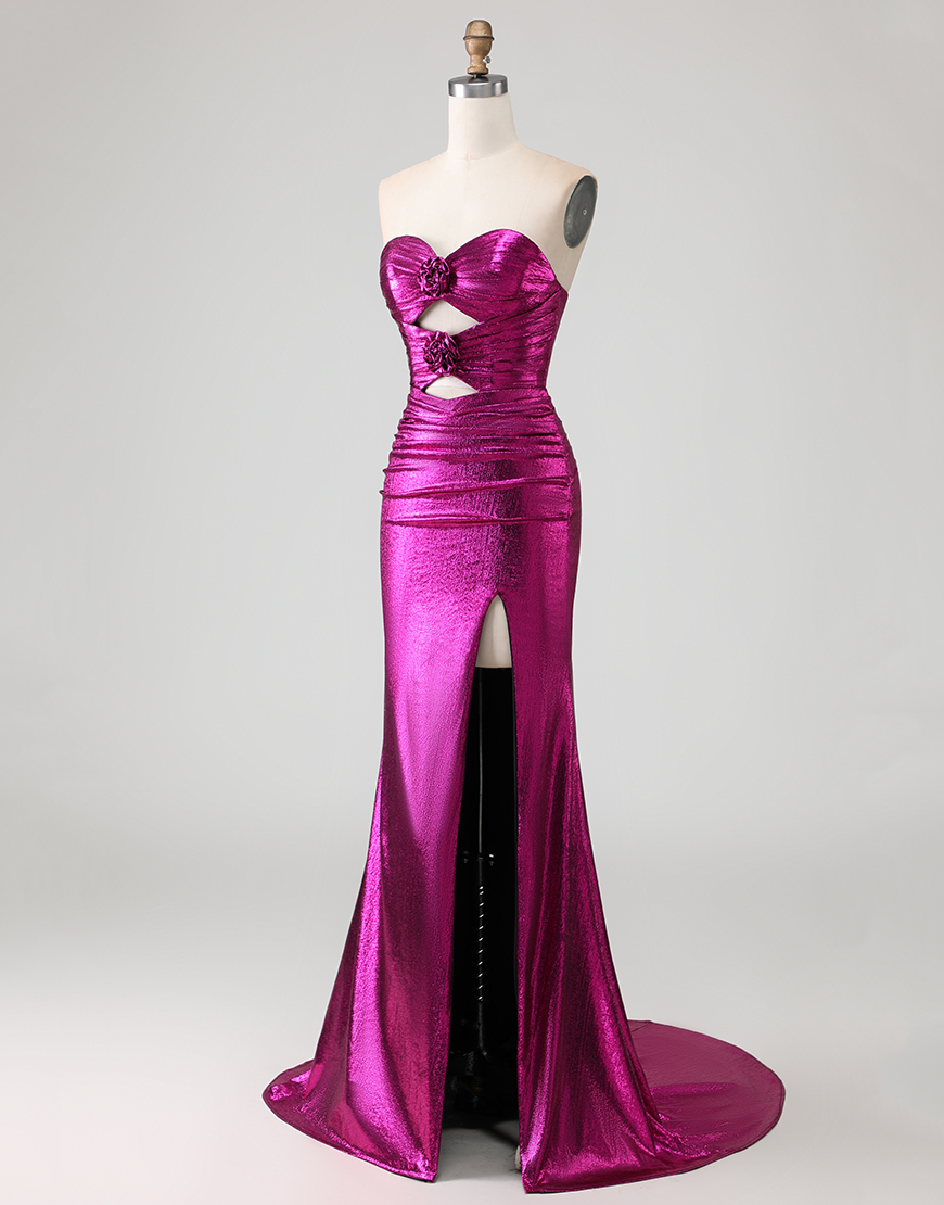 Fuchsia Metallic Mermaid Long Prom Dress with 3D Flowers