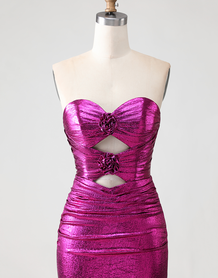 Fuchsia Metallic Mermaid Long Prom Dress with 3D Flowers
