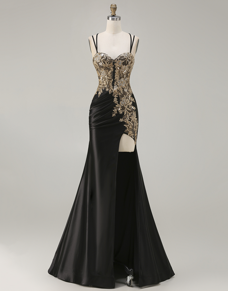 Sparkly Black Beaded Floral Corset Satin Appliqued Long Prom Dress with Slit