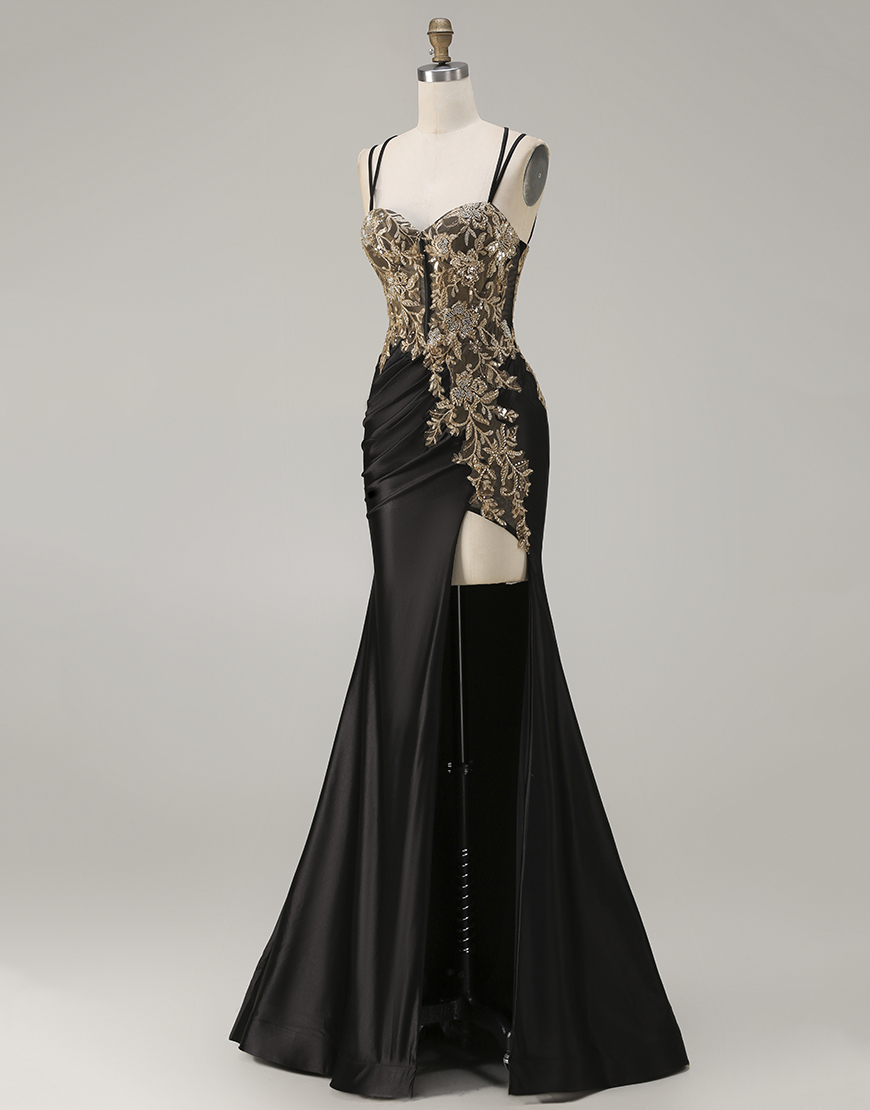 Sparkly Black Beaded Floral Corset Satin Appliqued Long Prom Dress with Slit