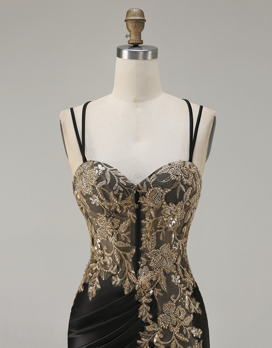 Sparkly Black Beaded Floral Corset Satin Appliqued Long Prom Dress with Slit