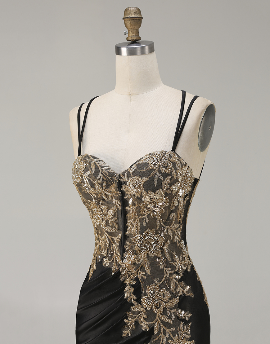 Sparkly Black Beaded Floral Corset Satin Appliqued Long Prom Dress with Slit