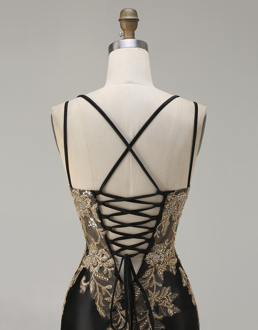 Sparkly Black Beaded Floral Corset Satin Appliqued Long Prom Dress with Slit