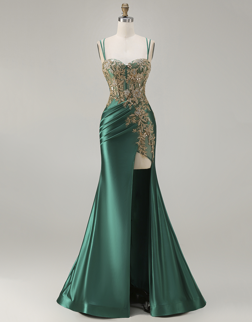 Berlinnova Women Sparkly Floral Dark Green Satin Long Corset Prom Dress with Slit Mermaid Appliqued Spaghetti Straps Ruched Evening Dress with Beading