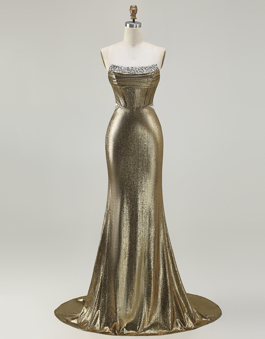 Sparkly Dark Golden Mermaid Beaded Corset Long Prom Dress